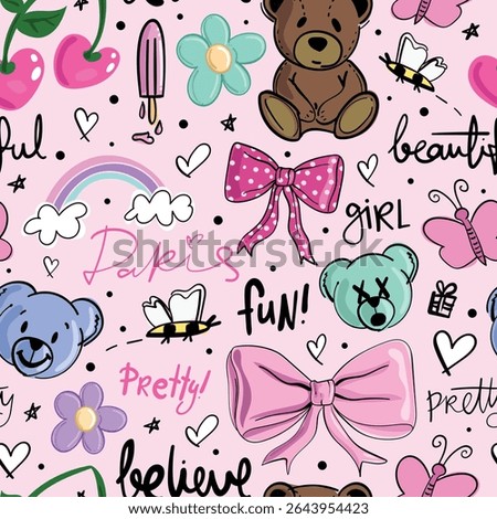 Bear emoji face, ribbon bow tie, cute doodle drawings. Seamless pattern repeating texture background design. For fashion graphics, textile prints, fabrics, wallpapers.