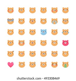 Bear emoticons icon vector set. Flat cute korean style isolated smilies.
