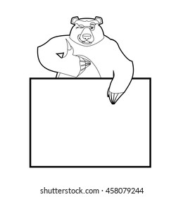 Bear and empty banner. Wild animal and blank. Beast and clean white sheet.