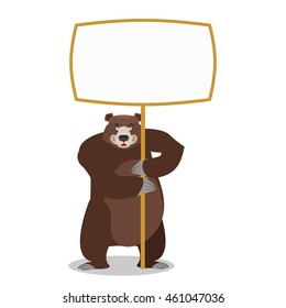 Bear and empty banner. Wild animal and blank. Beast and clean white sheet.