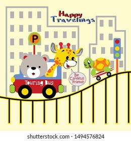 a bear and an excursion around the city, cartoon vector illustration