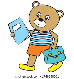 Bear with exercise book and school bag, cute vector illustration