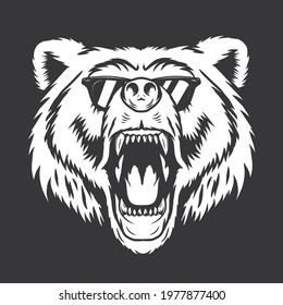 Bear With Eyeglasses vector Illustration Monochrome ,Vintage Style ,Isolated in dark background ,can be used for mascot, logo, apparel and more.Editable Design