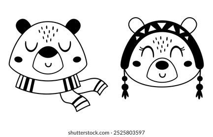 Bear face clipart. Cute black and white bear head clipart doodle. Autumn animal character. Hand drawn vector illustration in flat style