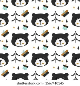 Bear face, clouds and trees, hand drawn vector pattern illustration