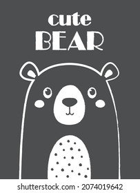 bear face head line sketch icon isolated on black background, adorable cartoon character, funny mammal and lettering cute bear, kids print, love greeting card, flat design