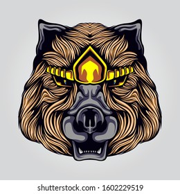 bear face with headband on grey background