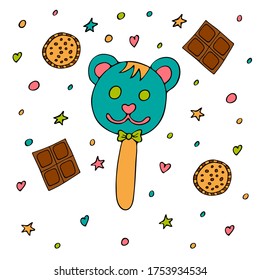 Bear face ice cream with cookies and chocolate. Hand drawn. Summer dessert. Tasty snack. Vector illustration. Isolated objects on a white background. 