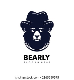 a bear face logo design with a hat on his head