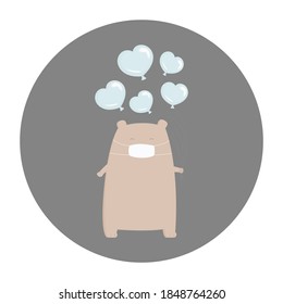 Bear in face mask hold helium balloons. Vector icon.