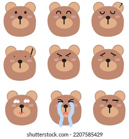 Bear face mood. Present of face Still, Smile, Sleep, Angry, Sad, Confused, Obscene, Cry, Glance.
Cute Wildlife Animal Character Vector Illustration.