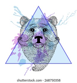 Bear face with moustache in triangle frame with watercolor ink drop. Hand Drawn doodle vector illustration. Sketch for tattoo. Animal collection.