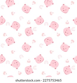 Bear face pink color cartoon so cute. On cupcake rainbow and white background. Pattern seamless vector illustration.
