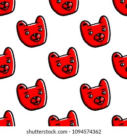Bear face seamless pattern. Cartoon smiley red bear face seamless pattern on white background isolated. Stock Vector Illustration.