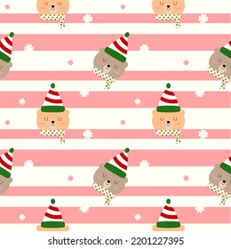 Bear face sleep and smile cartoon so cute wear hat scarf.on snow and red white color background.merry Christmas.pattern seamless vector and illustration.
