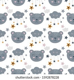 Bear face, sleepy animal seamless background, nursery pattern design, vector illustration