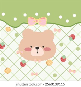 Bear face and strawberry plaid blue background, cartoon vector