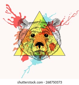 Bear face in triangle frame with watercolor ink drop. Hand Drawn doodle vector illustration. Sketch for tattoo. Animal collection.