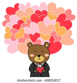 bear face wearing grey suit and holding red heart shape, hand drawn cartoon