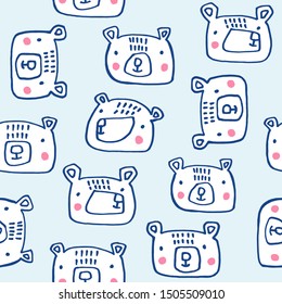 Bear faces seamless patten. Hand drawn kid design. Scandinavian decoration. Vector illustration.