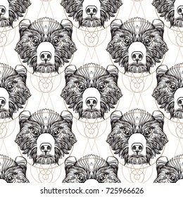 Bear Faces Seamless Pattern For The Design Of The Surface Of The Fabric, Packaging, Wallpaper.