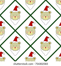bear faces wearing red christmas hat and green lines,  seamless pattern,  vector illustration, white background