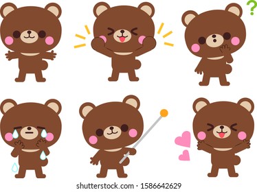Bear facial expression and gesture illustration set.