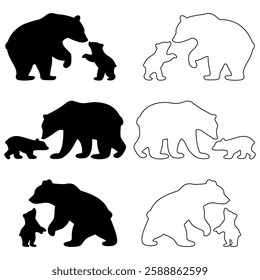 Bear family black silhouette animals. Vector Illustrator.