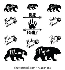 Bear Family bundle set.Papa,Mama,Baby,Brother,Sister bear lettering with paw and arrow.