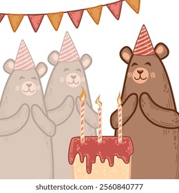 Bear family celebrating with a cake topped with dripping frosting. Hand-drawn party hats, candles, and cheerful bunting add charm. Ideal for children birthday invitations or forest-themed party decor