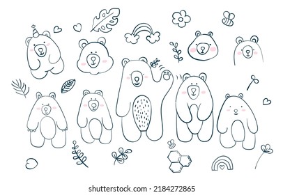 bear family doodle. Consists of leaves, honeycomb, heart. vector art and illustration.