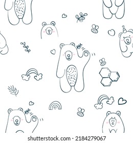 bear family doodle pattern. Consists of leaves, honeycomb, heart. vector art and illustration.