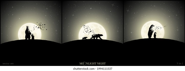 Bear family. Endangered animals set. Full moon. Death and afterlife