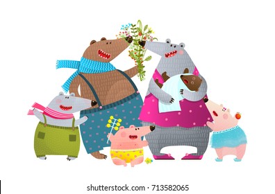 Bear Family Father Mother Kids And Newborn Baby. Colorful Cartoon Animal Family Portrait. Vector Illustration.