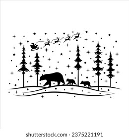 Bear Family, Flying Santa with Reindeer, Hand Drawn Vector Illustration