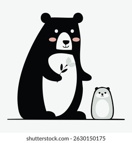 Bear Family Illustration: A playful black bear with a cute cub in a simple minimalist style illustration with a grey background. The bear holds a leafy branch.