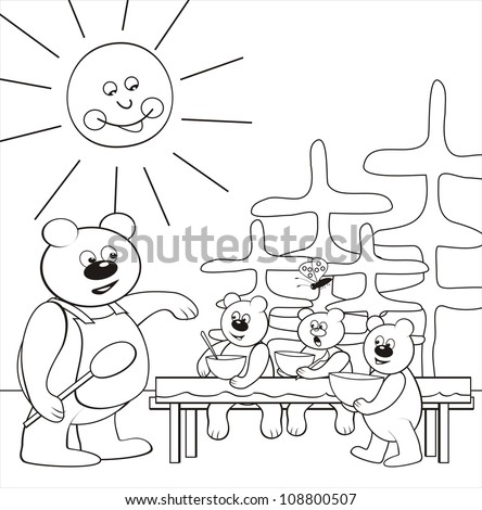 bear family - lunch,coloring page, vector icon