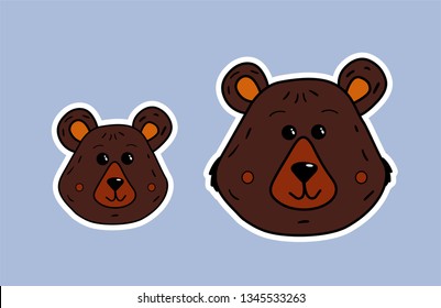 Bear family. Mama bear and little bear. Vector cute face in white contour. Cartoon illustration of the muzzle of the animal. Funny wild animals for printing on t-shirt, card decor or sticker