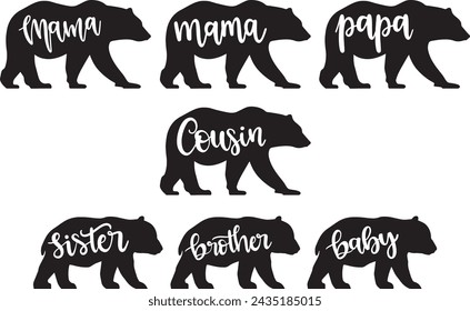 Bear family, Mama, papa, cousin, sister, brother, baby bear cut file, vector illustration files