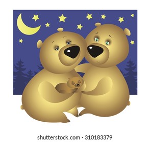 A bear family: Mother, Father, and their sleeping baby bear at night