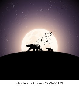 Bear family on moonlight night. Endangered animal. Death and afterlife