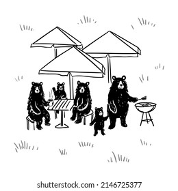 The bear family is preparing a barbecue.