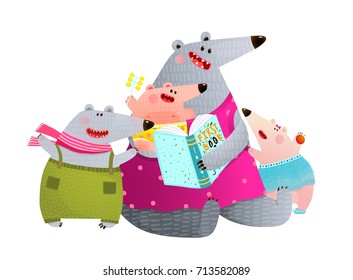 La familia del oso leyendo libro madre con hijos. Feliz familia animal estudiando lectura con mamá. Ilustración vectorial.