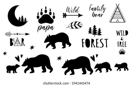 Bear Family set. Forest Papa, Mama bear, Sister Baby bear black shapes. Cute bear prints. Pharses with paw. Cute wildlife animals great for mothers, fathers day graphic elements. Vector illustration.