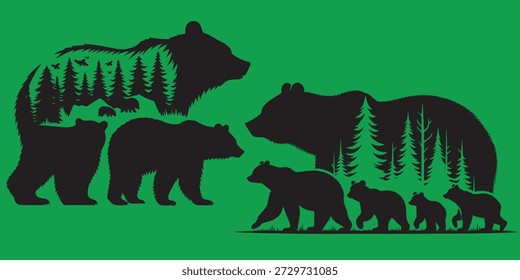 Conjunto de vetores de silhueta da família Bear com urso Grizzly Polar e Califórnia