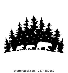 La familia del oso en los bosques nevados, la escena navideña, la ilustración del vector dibujado a mano