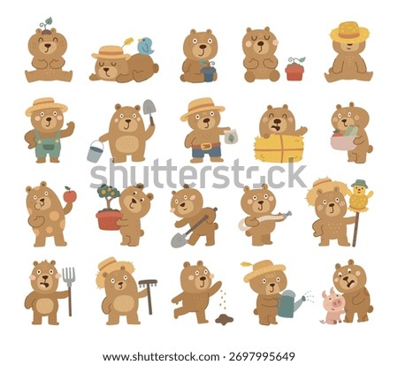 Bear farmer character set in scandinavian style showing different emotions and poses countryside animals working on farm activities and gardening scenes with tools food harvest