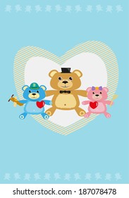 Bear Father with Bear Kids having red hearts. EPS10 Vector. Editable Clip Art.