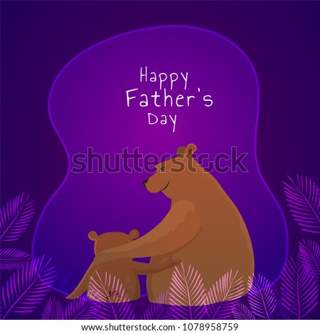 Bear father and son duo on shiny purple background, Happy Father's Day celebration concept.