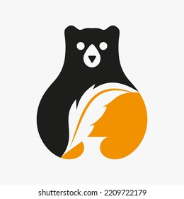 Bear Feather Logo Negative Space Vector Template. Bear Holding Feather Symbol